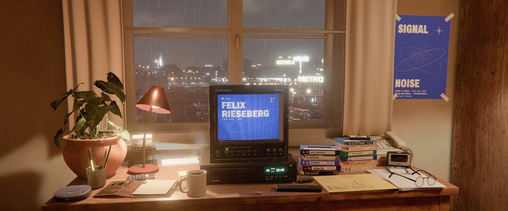 A desk at night by a rainy window: a small TV showing the name Felix Rieseberg, a VCR, a stack of labelled video tapes, a desk lamp and a plant.