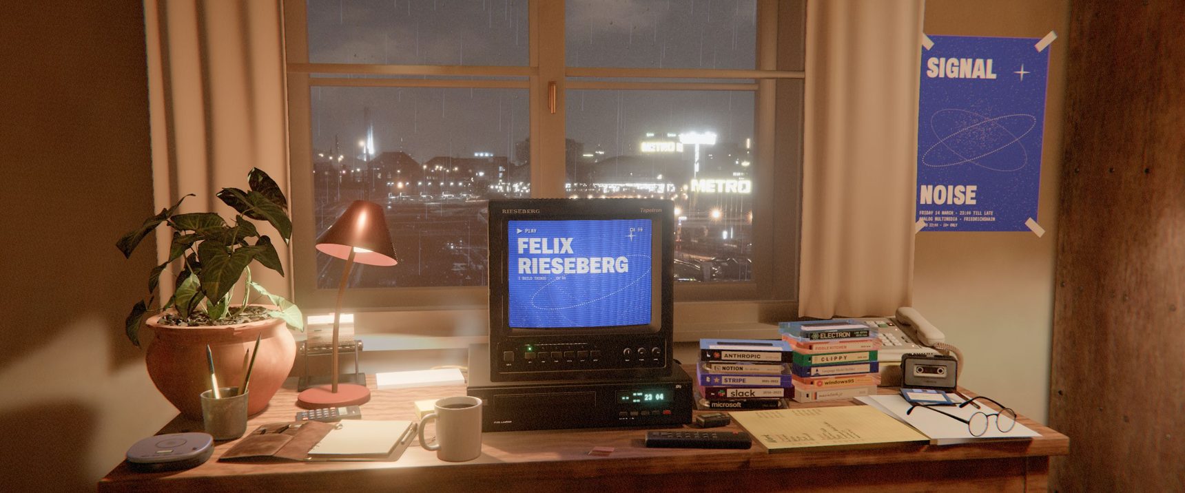 A desk at night by a rainy window: a small TV showing the name Felix Rieseberg, a VCR, a stack of labelled video tapes, a desk lamp and a plant.