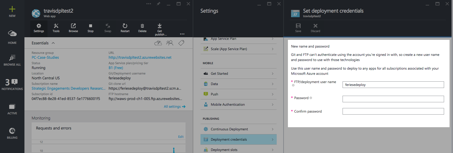 Setting Deployment Credentials in an Azure Web App