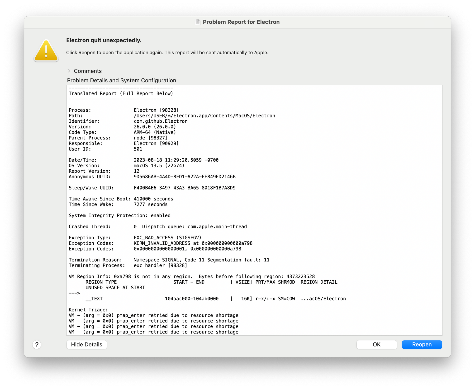 A native macOS crash report dialog showing a long undecipherable crash log.
